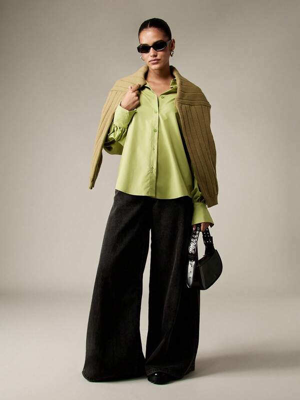 Missguided MISSGUIDED Oversized Button Down Blouse With Puff Sleeves