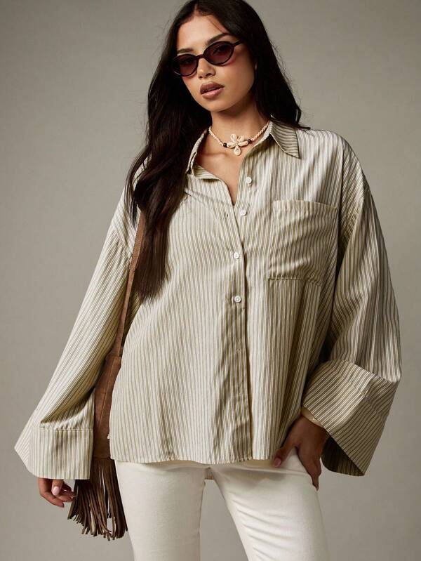 Missguided MISSGUIDED Oversized Button Down Collared Blouse With Bell Sleeves