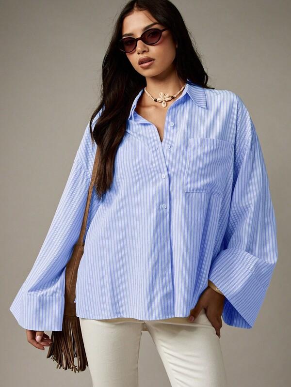 Missguided MISSGUIDED Oversized Button Down Collared Top With Bell Sleeves
