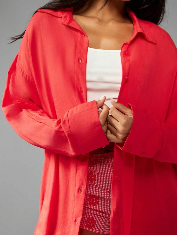 Missguided MISSGUIDED Oversized Button Down Linen Feel Shirt With Collar