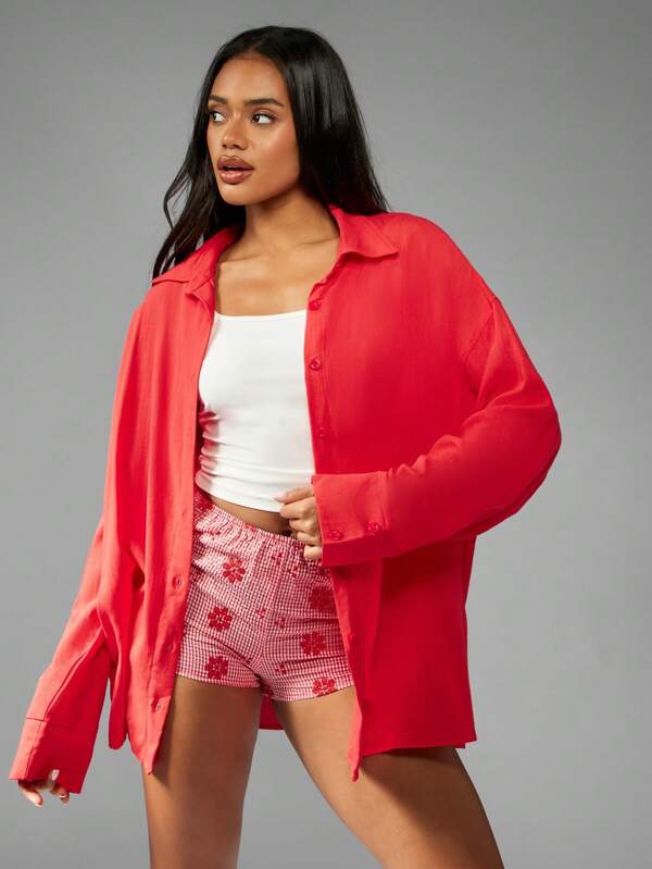 missguided MISSGUIDED Oversized Button Down Linen Feel Shirt With Collar
