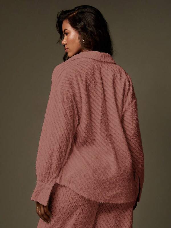 Missguided MISSGUIDED Oversized Button Down Long Sleeve Plush Fuzzy Teddy Fleece Blouse