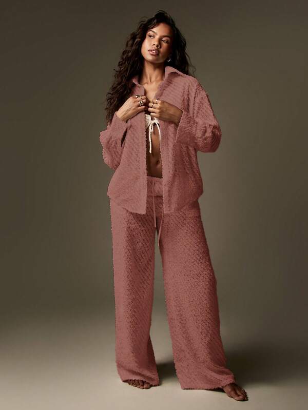 Missguided MISSGUIDED Oversized Button Down Long Sleeve Plush Fuzzy Teddy Fleece Blouse