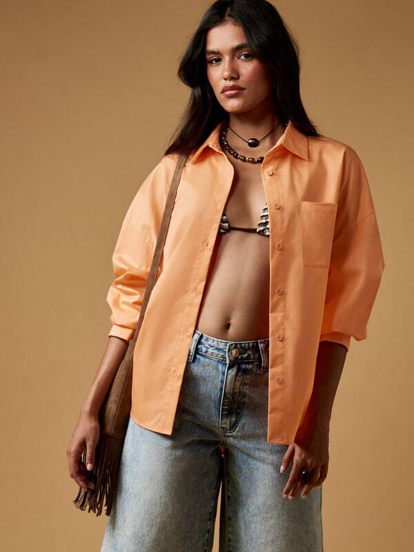 Missguided MISSGUIDED Oversized Button Down Shirt With Orange Print Design