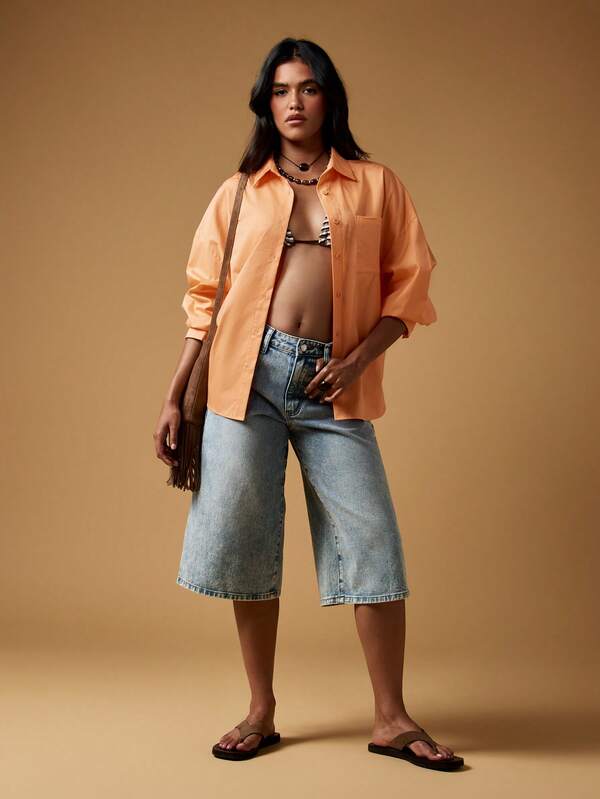 Missguided MISSGUIDED Oversized Button Down Shirt With Orange Print Design