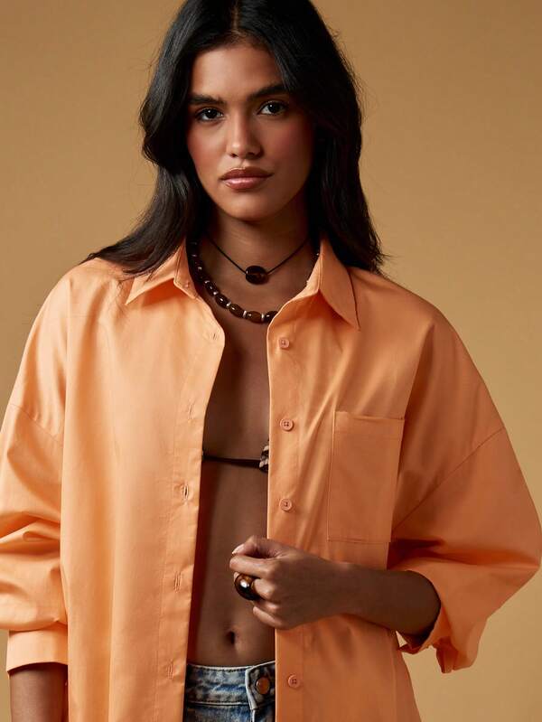 Missguided MISSGUIDED Oversized Button Down Shirt With Orange Print Design