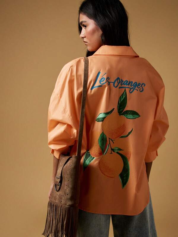 missguided MISSGUIDED Oversized Button Down Shirt With Orange Print Design