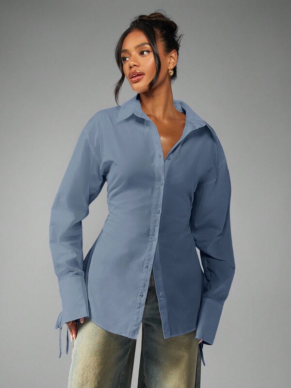 Missguided MISSGUIDED Oversized Button Down Shirt With Ruched Waist And Tie Cuffs