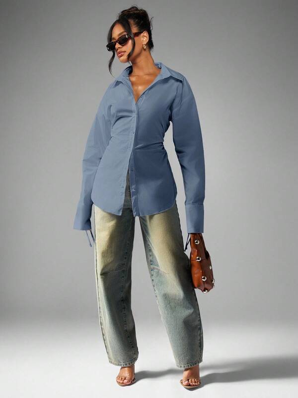 Missguided MISSGUIDED Oversized Button Down Shirt With Ruched Waist And Tie Cuffs