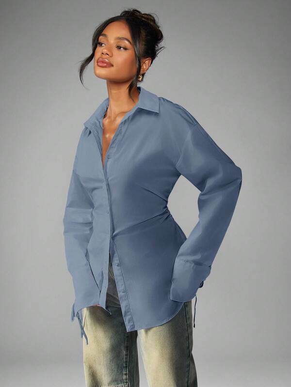 missguided MISSGUIDED Oversized Button Down Shirt With Ruched Waist And Tie Cuffs