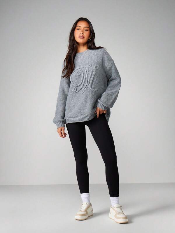 Missguided MISSGUIDED Oversized Cable Knit Sweater With Embroidery Detail