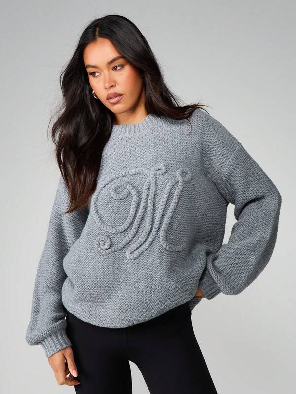 Missguided MISSGUIDED Oversized Cable Knit Sweater With Embroidery Detail
