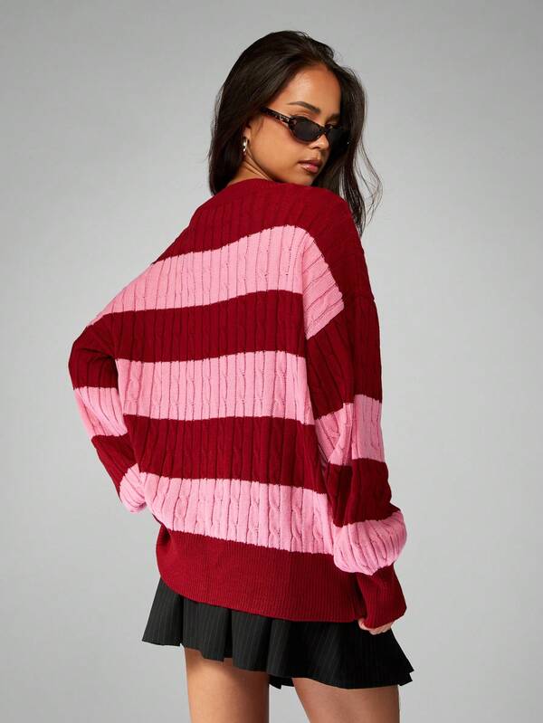Missguided MISSGUIDED Oversized Cable Knit V Neck Striped Pullover