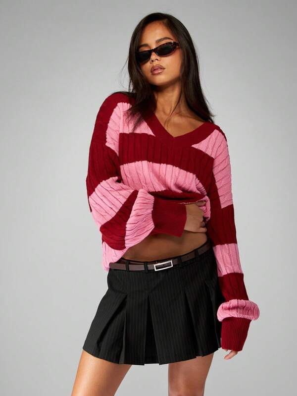 Missguided MISSGUIDED Oversized Cable Knit V Neck Striped Pullover