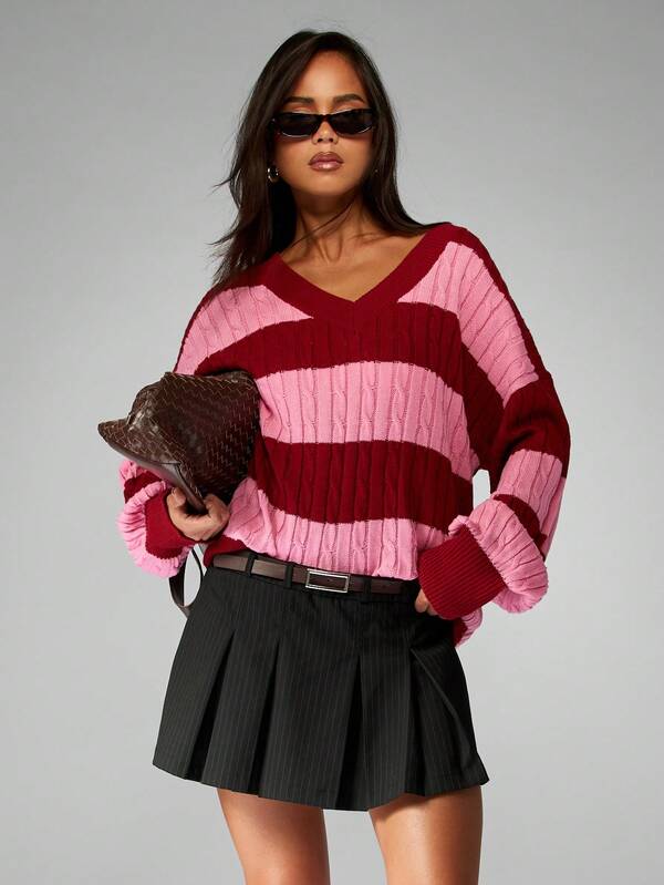 missguided MISSGUIDED Oversized Cable Knit V Neck Striped Pullover