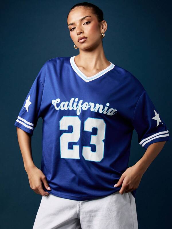 missguided MISSGUIDED Oversized California Baseball Jersey With Stars And Numbers