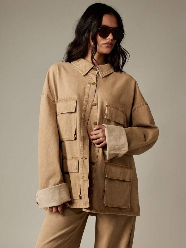 Missguided MISSGUIDED Oversized Canvas Utility Jacket With Multiple Pockets