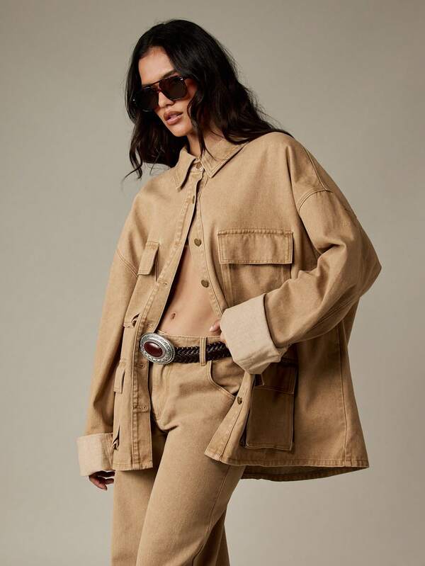 missguided MISSGUIDED Oversized Canvas Utility Jacket With Multiple Pockets