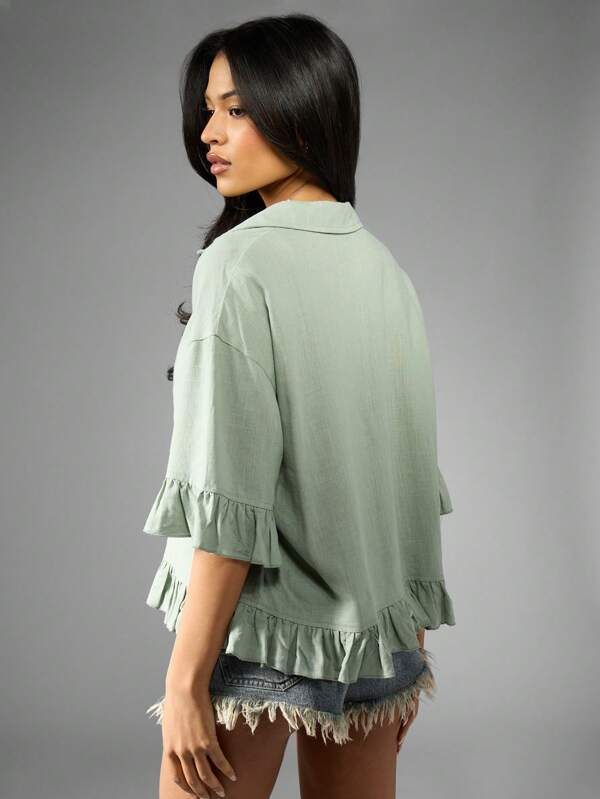 Missguided MISSGUIDED Oversized Casual Linen Ruffle Button Down Long Sleeve Blouse