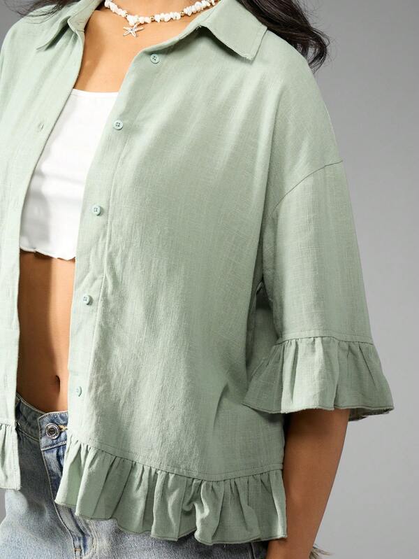 Missguided MISSGUIDED Oversized Casual Linen Ruffle Button Down Long Sleeve Blouse