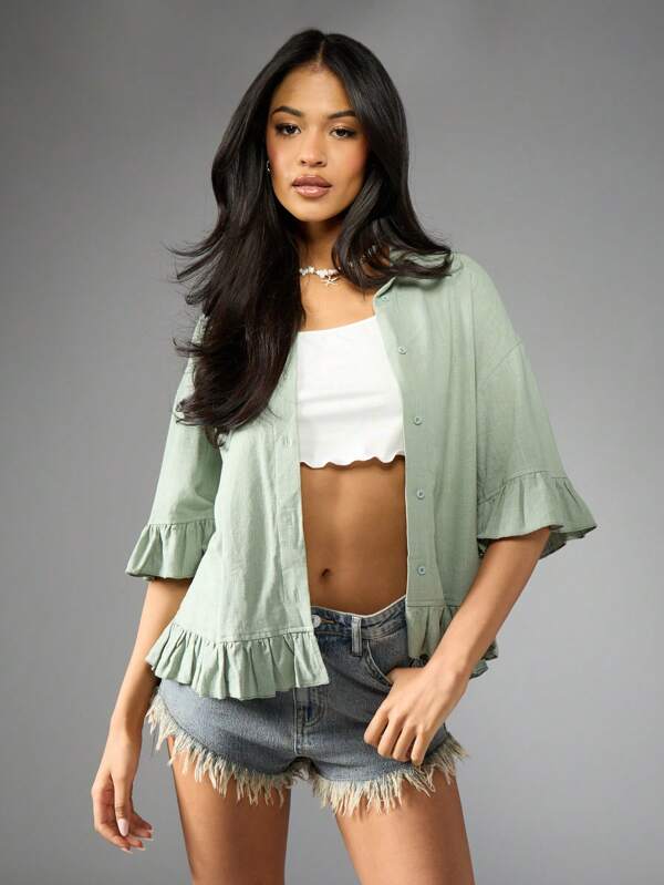 missguided MISSGUIDED Oversized Casual Linen Ruffle Button Down Long Sleeve Blouse