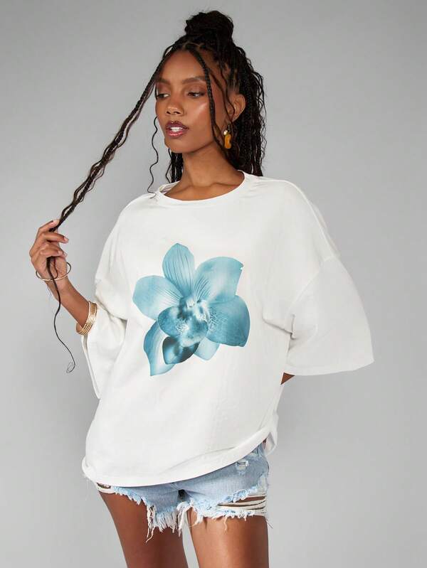 Missguided MISSGUIDED Oversized Casual Streetwear Graphic Print Orchid Design T-Shirt