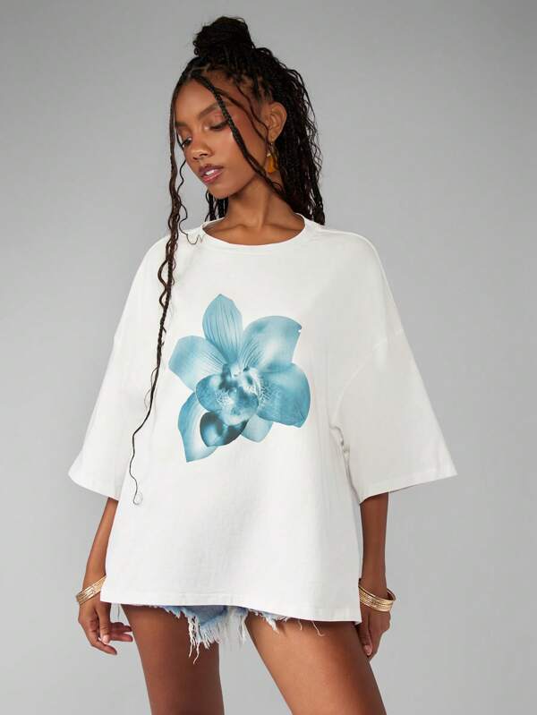 missguided MISSGUIDED Oversized Casual Streetwear Graphic Print Orchid Design T-Shirt