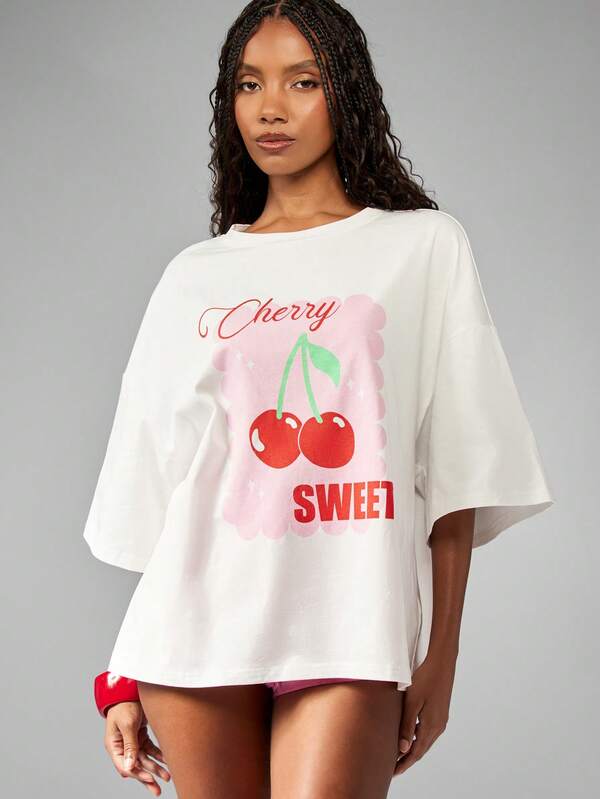 Missguided MISSGUIDED Oversized Cherry Graphic Fruit Print T-Shirt