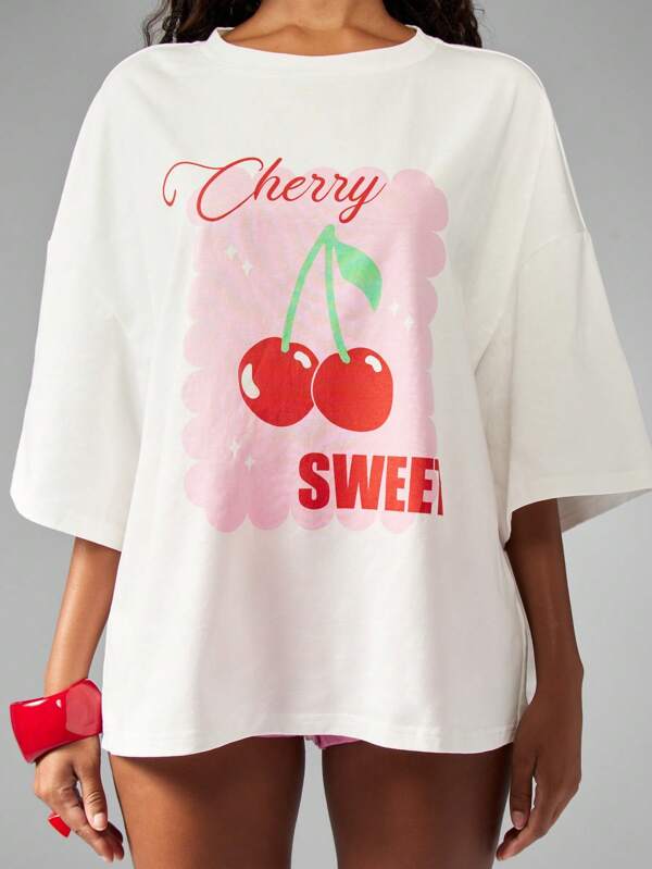 missguided MISSGUIDED Oversized Cherry Graphic Fruit Print T-Shirt