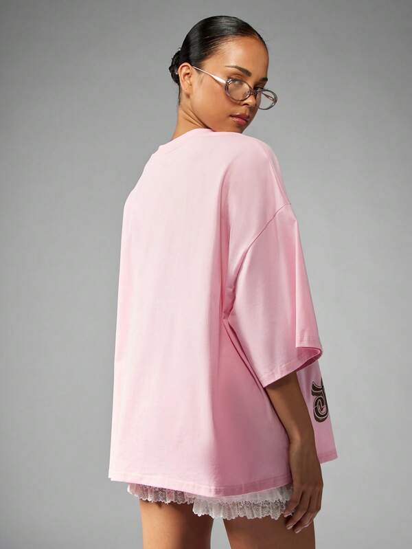 Missguided MISSGUIDED Oversized Cherry Print T Shirt With Lace Trim