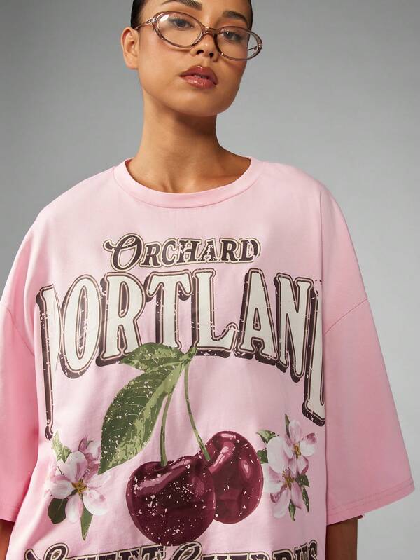Missguided MISSGUIDED Oversized Cherry Print T Shirt With Lace Trim