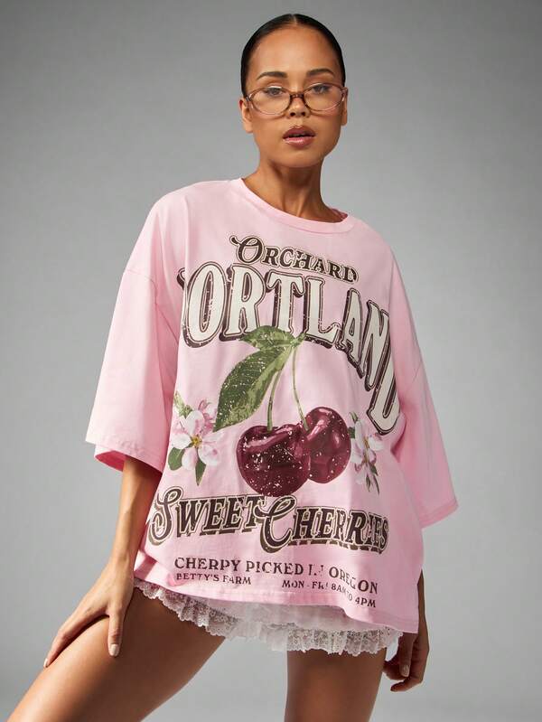 missguided MISSGUIDED Oversized Cherry Print T Shirt With Lace Trim