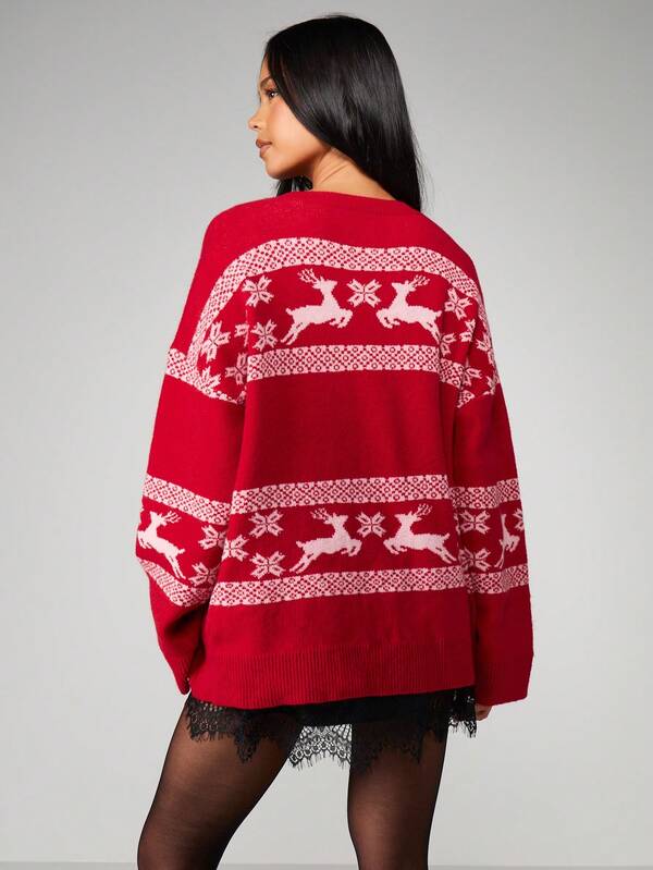 Missguided MISSGUIDED Oversized Christmas Jumper With Reindeer Pattern
