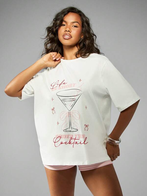 Missguided MISSGUIDED Oversized Cocktail Print Martini Glass Graphic T-Shirt