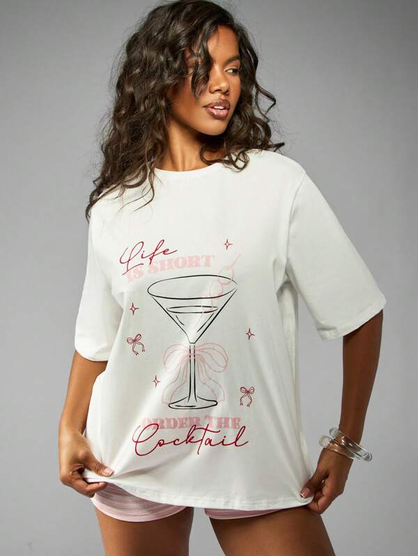 missguided MISSGUIDED Oversized Cocktail Print Martini Glass Graphic T-Shirt