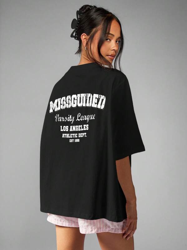 missguided MISSGUIDED Oversized Collegiate Print Tee With Short Sleeves