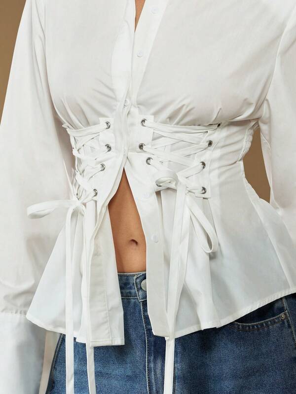 Missguided MISSGUIDED Oversized Corset Lace-Up Blouse With Bell Sleeves