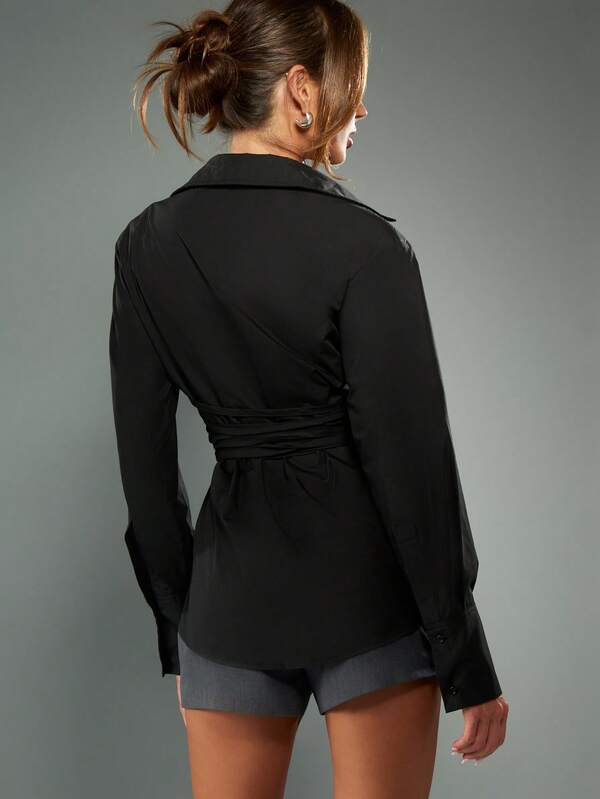 Missguided MISSGUIDED Oversized Corset Lace Up Shirt With Shoulder Pads