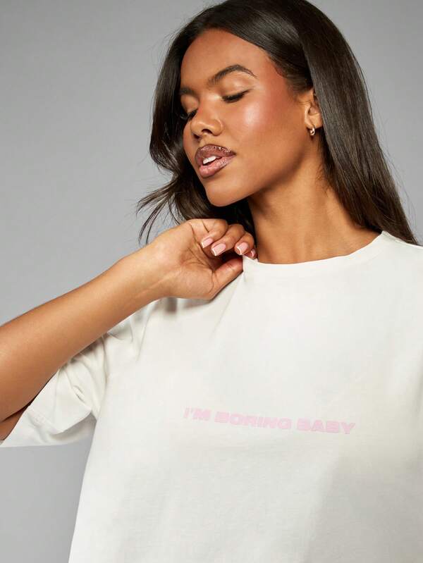 Missguided MISSGUIDED Oversized Cotton Basic Casual Minimalist Pink Text T-Shirt