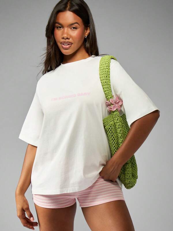 missguided MISSGUIDED Oversized Cotton Basic Casual Minimalist Pink Text T-Shirt