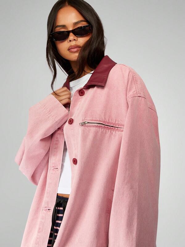 Missguided MISSGUIDED Oversized Cotton Canvas Barn Jacket With Leather Collar