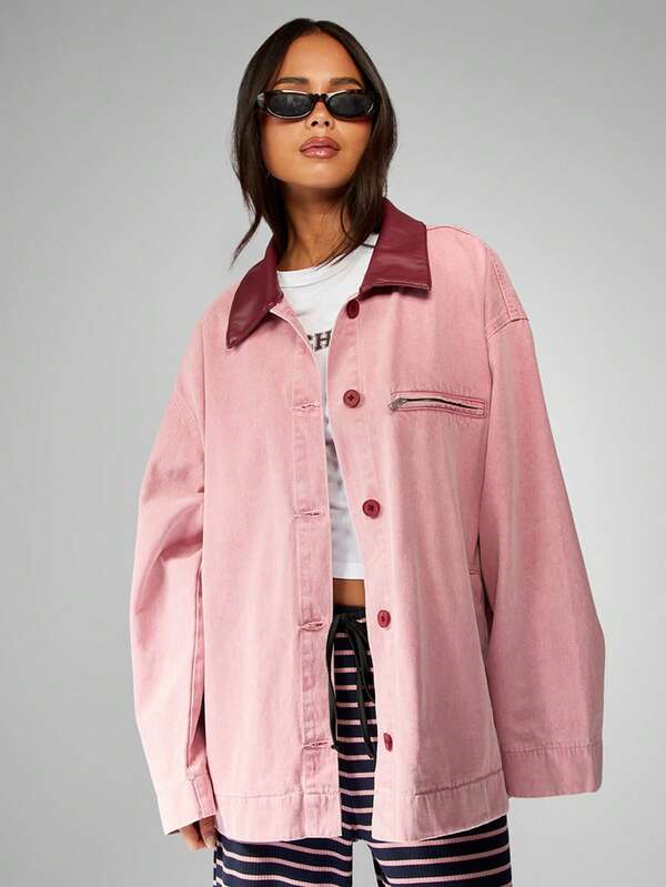 missguided MISSGUIDED Oversized Cotton Canvas Barn Jacket With Leather Collar