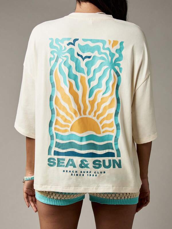 Missguided MISSGUIDED Oversized Cotton Tee With Sea And Sun Graphic Design
