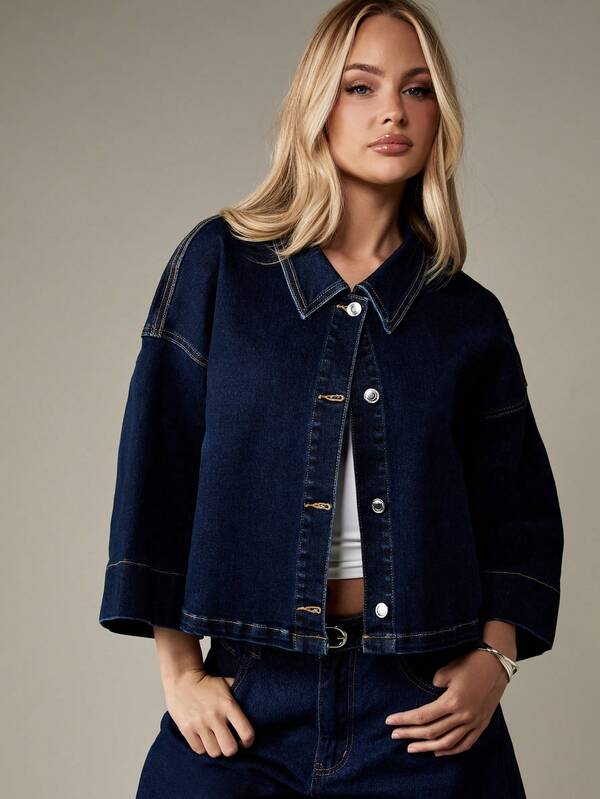 missguided MISSGUIDED Oversized Cropped Denim Jacket With Wide Sleeves