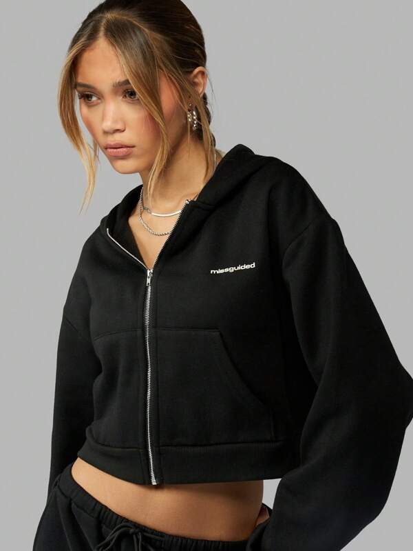 Missguided MISSGUIDED Oversized Cropped Hooded Zip Through Sweatshirt