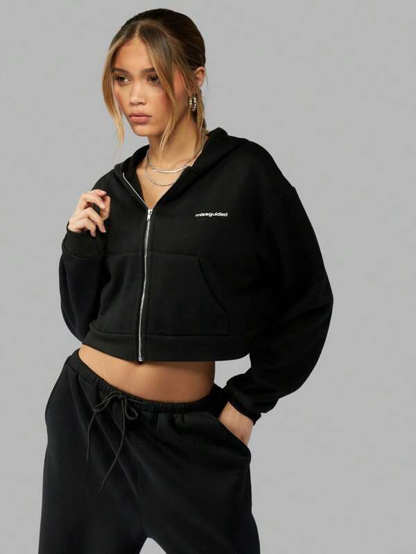 missguided MISSGUIDED Oversized Cropped Hooded Zip Through Sweatshirt