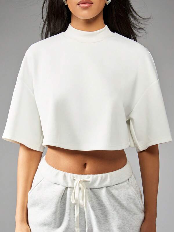 Missguided MISSGUIDED Oversized Cropped Mock Neck Half-Sleeve Casual T-Shirt
