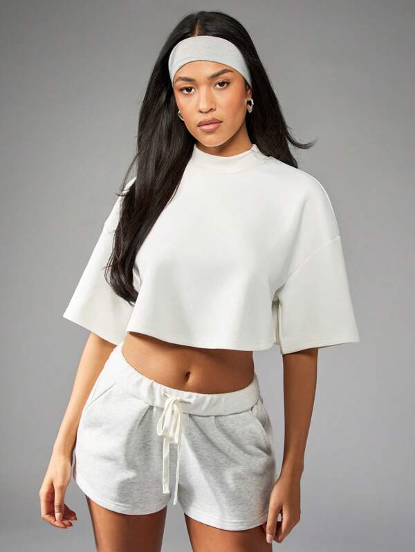 missguided MISSGUIDED Oversized Cropped Mock Neck Half-Sleeve Casual T-Shirt