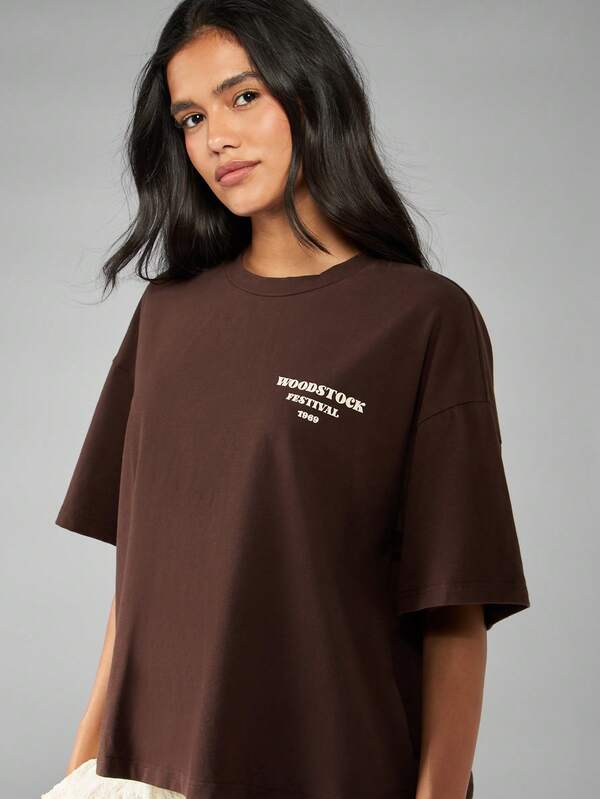 Missguided MISSGUIDED Oversized Cropped Music Festival T-Shirt With Print