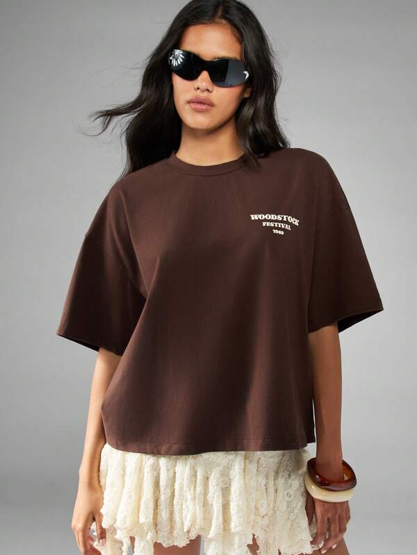 missguided MISSGUIDED Oversized Cropped Music Festival T-Shirt With Print